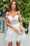 Princess A Line White Corset Tiered Short Formal Dress with Lace