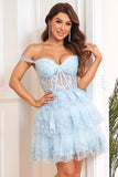 A Line Off the Shoulder Blue Corset Short Formal Dress with Lace