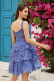 A Line Off the Shoulder Blue Corset Short Formal Dress with Lace