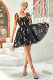 A Line Spaghetti Straps Black Short Formal Dress with Appliques