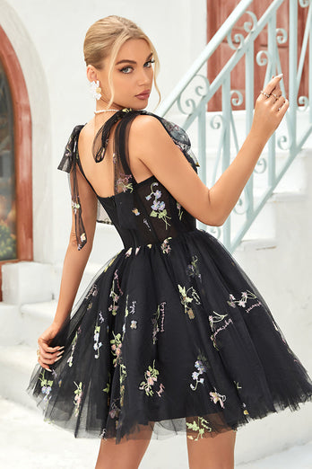 A Line Spaghetti Straps Black Short Formal Dress with Appliques
