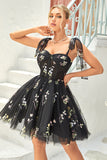 A Line Spaghetti Straps Black Short Formal Dress with Appliques