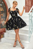 A Line Spaghetti Straps Black Short Formal Dress with Appliques