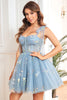 Load image into Gallery viewer, A Line Spaghetti Straps Grey Blue Short Formal Dress with Embroidery