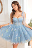 Load image into Gallery viewer, A Line Spaghetti Straps Grey Blue Short Formal Dress with Embroidery