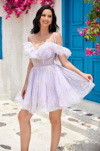 Cute A Line Lavender Off the Shoulder Corset Short Formal Dress with Ruffles