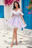 Cute A Line Lavender Off the Shoulder Corset Short Formal Dress with Ruffles