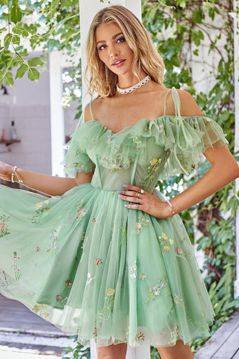 Off the Shoulder Ruffles Tulle Short Formal Dress with Embroidery