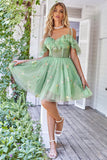 Off the Shoulder Ruffles Tulle Short Formal Dress with Embroidery