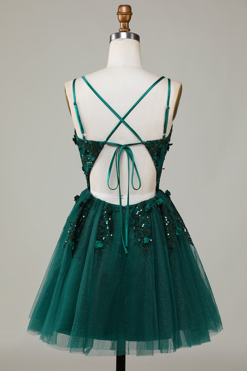 Load image into Gallery viewer, Stylish A Line Spaghetti Straps Dark Green Short Cocktail Dress with Appliques Beading