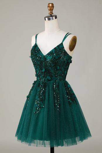 Stylish A Line Spaghetti Straps Dark Green Short Cocktail Dress with Appliques Beading