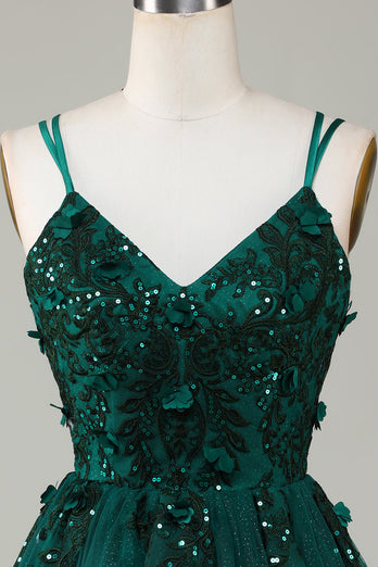 Stylish A Line Spaghetti Straps Dark Green Short Cocktail Dress with Appliques Beading