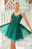 A Line Spaghetti Straps Dark Green Short Formal Dress with Appliques Beading