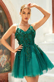 A Line Spaghetti Straps Dark Green Short Formal Dress with Appliques Beading