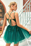 A Line Spaghetti Straps Dark Green Short Formal Dress with Appliques Beading