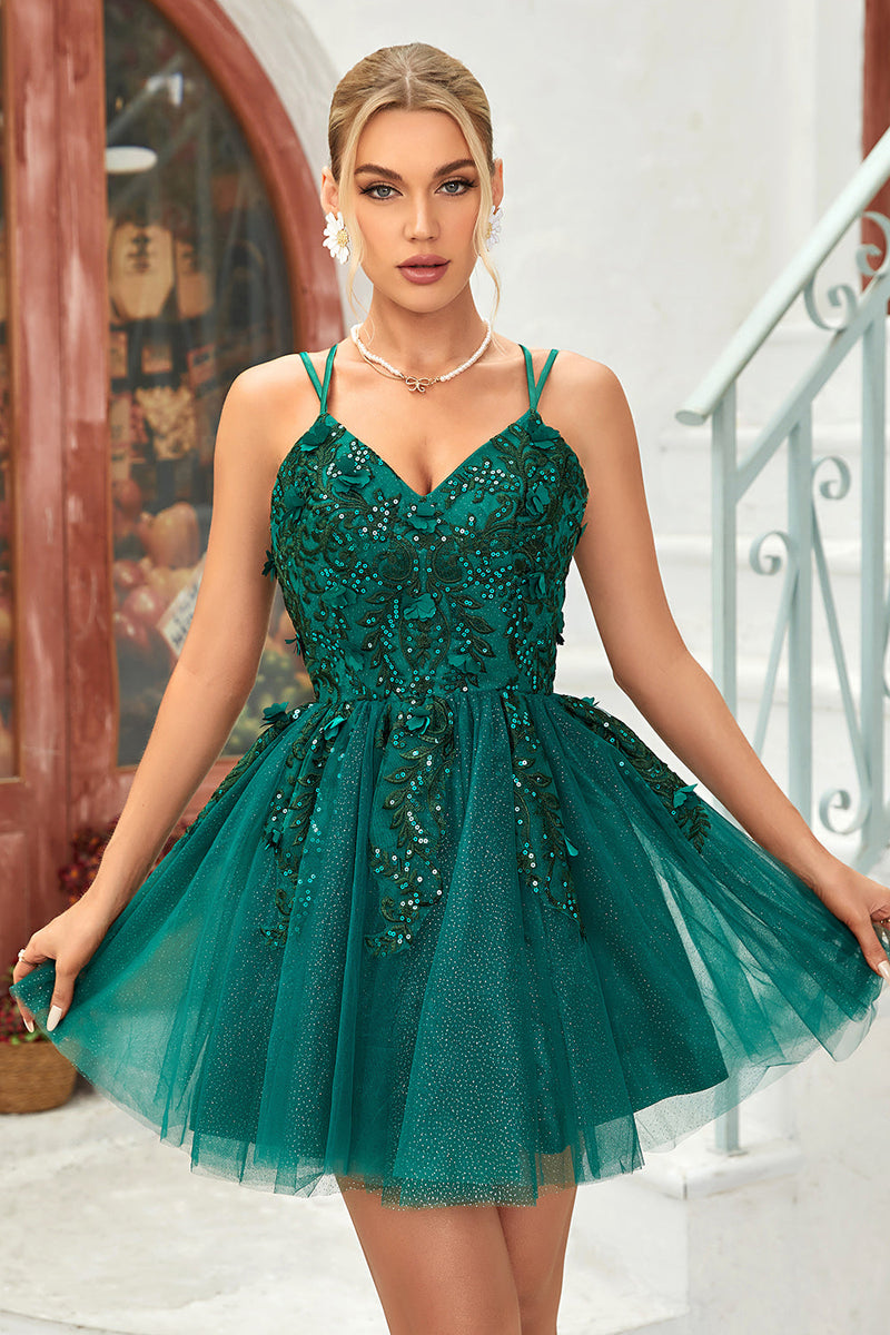 Load image into Gallery viewer, A Line Spaghetti Straps Dark Green Short Formal Dress with Appliques Beading