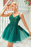 A Line Spaghetti Straps Dark Green Short Formal Dress with Appliques Beading