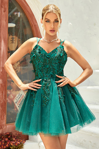 A Line Spaghetti Straps Dark Green Short Formal Dress with Appliques Beading