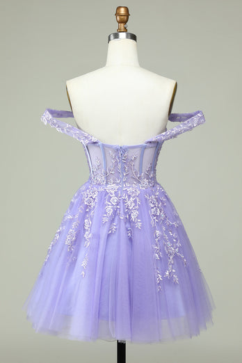A Line Off the Shoulder Lilac Corset Short Formal Dress with Appliques