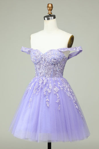 A Line Off the Shoulder Lilac Corset Short Formal Dress with Appliques