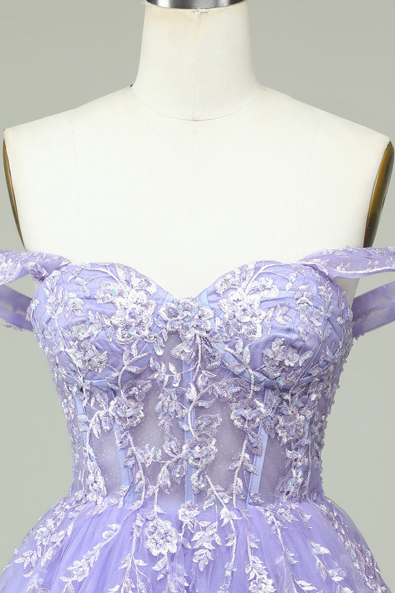 Load image into Gallery viewer, A Line Off the Shoulder Lilac Corset Short Formal Dress with Appliques