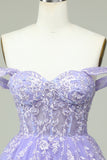 A Line Off the Shoulder Lilac Corset Short Formal Dress with Appliques