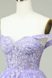 A Line Off the Shoulder Lilac Corset Short Formal Dress with Appliques