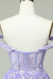 A Line Off the Shoulder Lilac Corset Short Formal Dress with Appliques