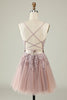 Load image into Gallery viewer, A Line Spaghetti Straps Blush Short Formal Dress with Criss Cross Back