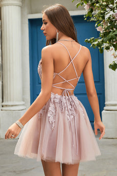 A Line Spaghetti Straps Blush Short Formal Dress with Criss Cross Back
