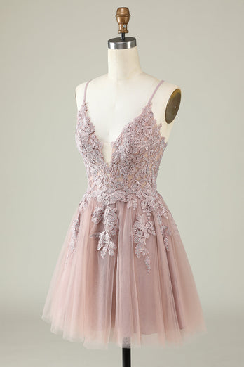 A Line Spaghetti Straps Blush Short Formal Dress with Appliques