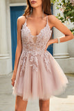 A Line Spaghetti Straps Blush Short Formal Dress with Criss Cross Back