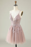 A Line Spaghetti Straps Blush Short Formal Dress with Appliques