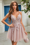 A Line Spaghetti Straps Blush Short Formal Dress with Criss Cross Back