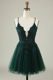 A Line Spaghetti Straps Dark Green Short Formal Dress with Appliques