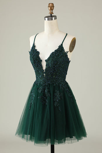 A Line Spaghetti Straps Dark Green Short Formal Dress with Appliques
