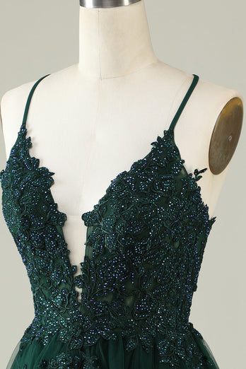 A Line Spaghetti Straps Dark Green Short Formal Dress with Appliques