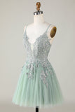 Stylish A Line Spaghetti Straps Green Short Formal Dress with Appliques