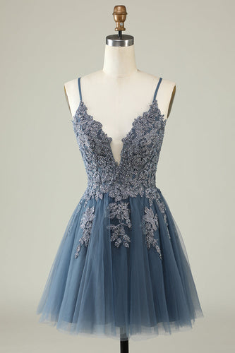 A Line Spaghetti Straps Grey Blue Short Formal Dress with Appliques