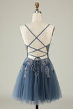 A Line Spaghetti Straps Grey Blue Short Formal Dress with Appliques