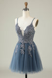 A Line Spaghetti Straps Grey Blue Short Formal Dress with Appliques