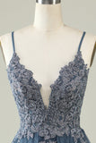 A Line Spaghetti Straps Grey Blue Short Formal Dress with Appliques