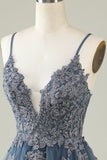 A Line Spaghetti Straps Grey Blue Short Formal Dress with Appliques