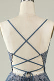 A Line Spaghetti Straps Grey Blue Short Formal Dress with Appliques