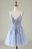 A Line Spaghetti Straps Grey Blue Short Formal Dress with Appliques