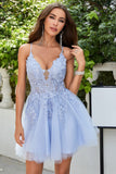 A Line Spaghetti Straps Light Purple Short Formal Dress with Appliques