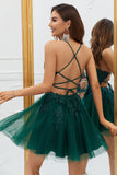 A Line Spaghetti Straps Dark Green Short Formal Dress with Appliques