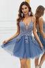 Load image into Gallery viewer, A Line Spaghetti Straps Grey Blue Short Formal Dress with Appliques