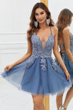 A Line Spaghetti Straps Grey Blue Short Formal Dress with Appliques