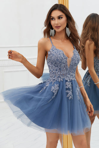 A Line Spaghetti Straps Grey Blue Short Formal Dress with Appliques